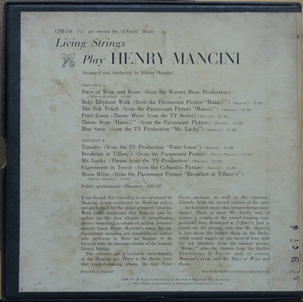 Living Strings - Play Henry Mancini (Reel, 4tr Stereo, 7" Reel) (Very Good Plus (VG+)) - Image 3