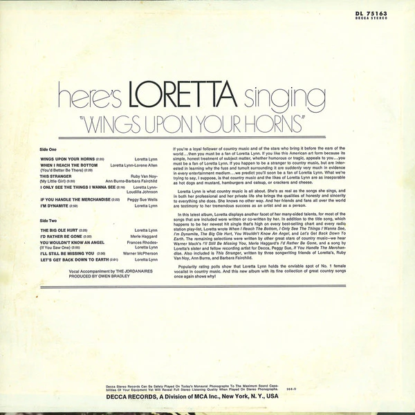 Loretta Lynn - Here's Loretta Singing "Wings Upon Your Horns" (LP, Album, Roc) (Good Plus (G+)) - Image 2
