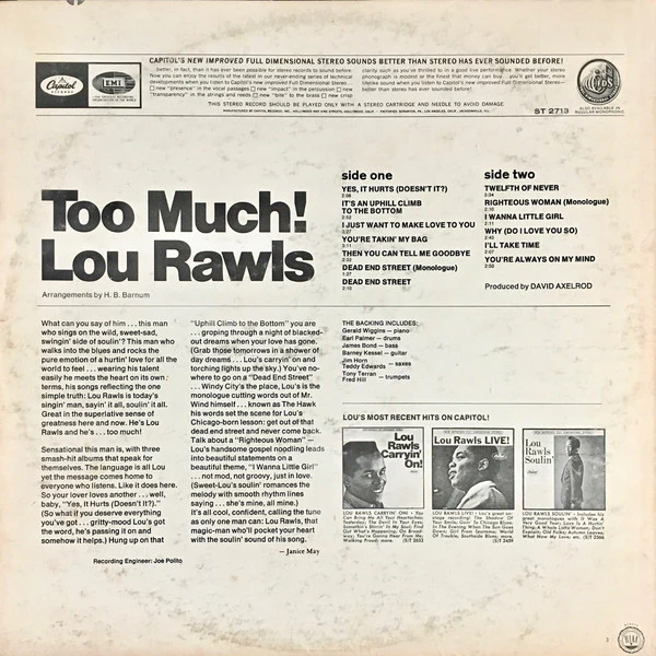 Lou Rawls - Too Much! (LP, Album, Scr) (Very Good (VG)) - Image 2