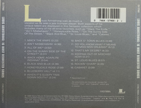 Louis Armstrong - 16 Most Requested Songs (CD, Comp) (Near Mint (NM or M-)) - Image 2