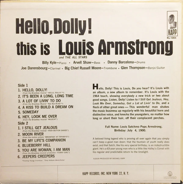 Louis Armstrong And His All-Stars - Hello, Dolly! (LP, Album, Mono, All) (Very Good Plus (VG+)) - Image 2