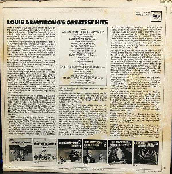 Louis Armstrong - Greatest Hits (LP, Comp, RP) (Near Mint (NM or M-)) - Image 2