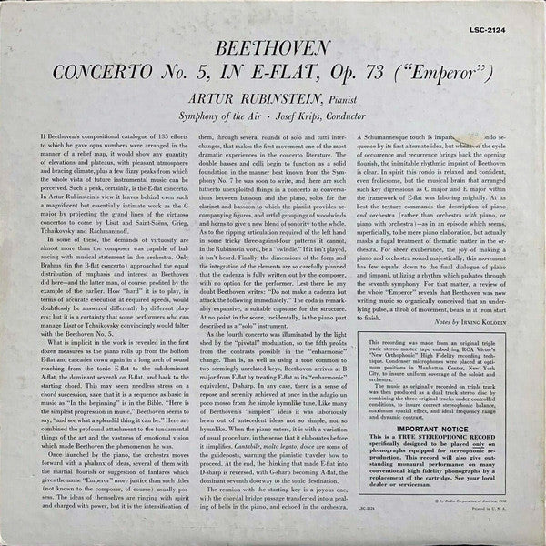 Ludwig Van Beethoven, Arthur Rubinstein · Josef Krips · Symphony Of The Air - (Emperor) Concerto No. 5 (LP, Album, Sha) (Very Good (VG)) - Image 2