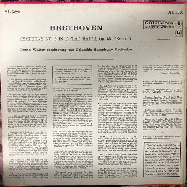 Ludwig van Beethoven, Bruno Walter, Columbia Symphony Orchestra - Symphony No. 3 In E Flat Major, Op. 55 ("Eroica") (LP, Mono) (Very Good Plus (VG+)) - Image 2