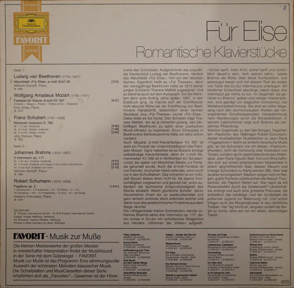 Ludwig Van Beethoven, Franz Schubert, Johannes Brahms, Robert Schumann, Wolfgang Amadeus Mozart, Wilhelm Kempff, Emil Gilels, Jörg Demus, Homero Francesch - Für Elise - Die Schönsten Romantischen Klavierstücke (LP, Comp) (Near Mint (NM or M-)) - Image 2