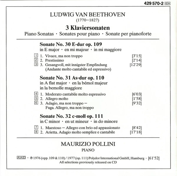 Ludwig van Beethoven • Maurizio Pollini - Sonaten Opp. 109・110・111 (CD, Comp) (Very Good Plus (VG+)) - Image 2