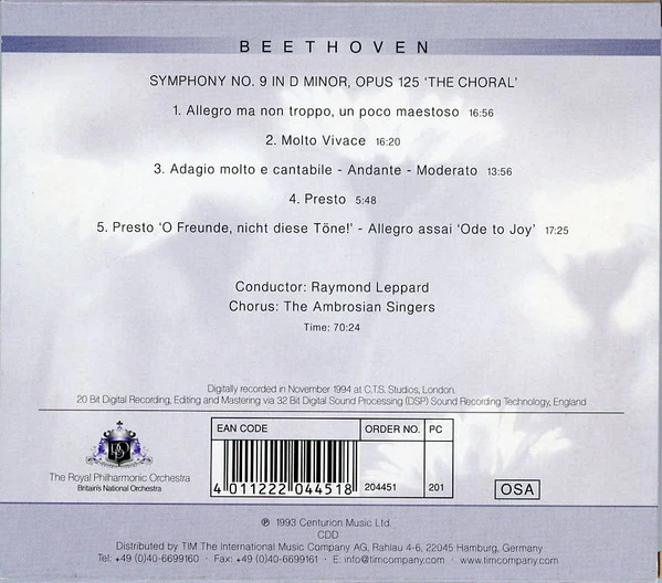 Ludwig van Beethoven - The Royal Philharmonic Orchestra, Raymond Leppard, The Ambrosian Singers - Symphony No. 9 In D Minor, Opus 125 "The Choral" (CD) (Very Good Plus (VG+)) - Image 2