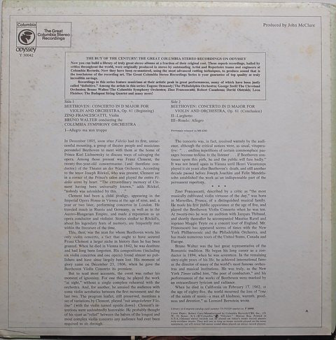 Ludwig van Beethoven – Zino Francescatti, Columbia Symphony Orchestra, Bruno Walter - Violin Concerto (LP, RE) (Very Good Plus (VG+)) - Image 2