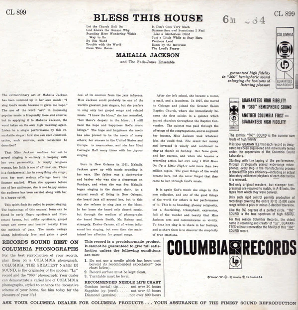 Mahalia Jackson And The Falls-Jones Ensemble - Bless This House (LP, Album, Mono) (Good Plus (G+)) - Image 2