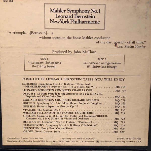 Mahler* - Leonard Bernstein, New York Philharmonic - Symphony No. 1 (Reel, 4tr Stereo, 7" Reel, Album) (Very Good Plus (VG+)) - Image 2