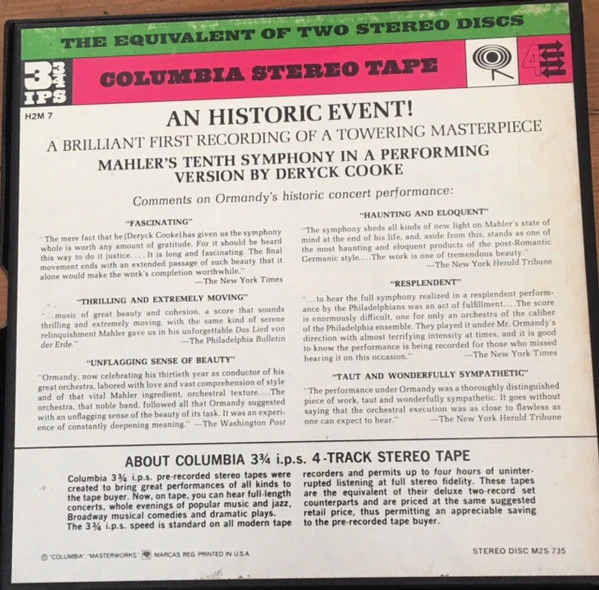 Mahler*, Philadelphia Orchestra* / Ormandy* - Symphony No. 10 (Reel, 4tr Stereo, 7" Reel, Album) (Very Good (VG)) - Image 2