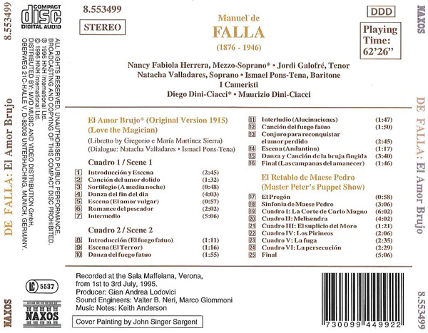 Manuel De Falla, I Cameristi - El Amor Brujo - El Retablo De Maese Pedro (CD, Album) (Near Mint (NM or M-)) - Image 2