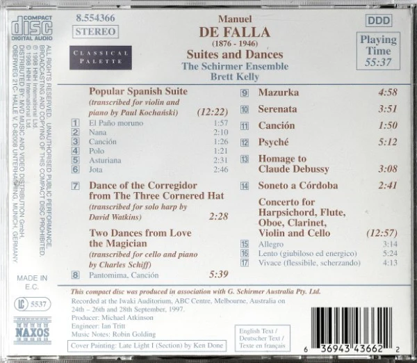 Manuel De Falla - The Schirmer Ensemble, Brett Kelly - Popular Spanish Suite /Three Pieces Piano / Psyché / Concerto For Harpsichord (CD) (Near Mint (NM or M-)) - Image 2