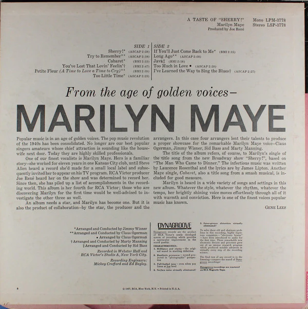 Marilyn Maye - A Taste Of "Sherry!" (LP, Album) (Very Good Plus (VG+)) - Image 2