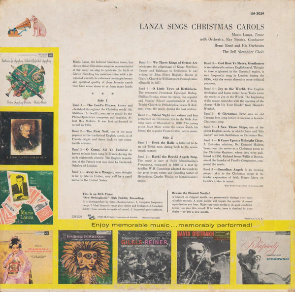 Mario Lanza - Lanza Sings Christmas Carols (LP, Album) (Very Good Plus (VG+)) - Image 2