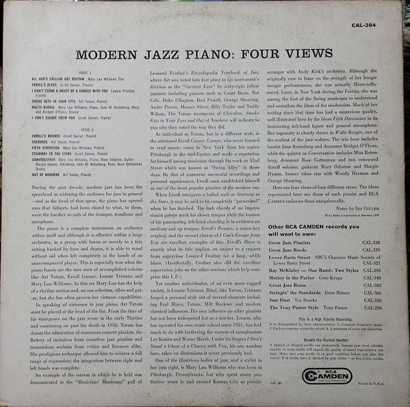 Mary Lou Williams / Art Tatum / Erroll Garner / Lennie Tristano - Modern Jazz Piano: Four Views (LP, Comp, Mono) (Very Good (VG)) - Image 2
