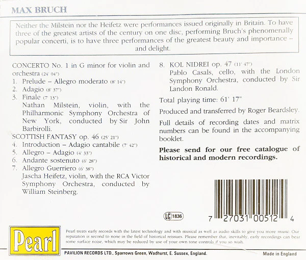 Max Bruch - Scottish Fantasy, Concerto No. 1 In G Minor, Kol Nidrei (CD, Comp, Mono) (Near Mint (NM or M-)) - Image 2