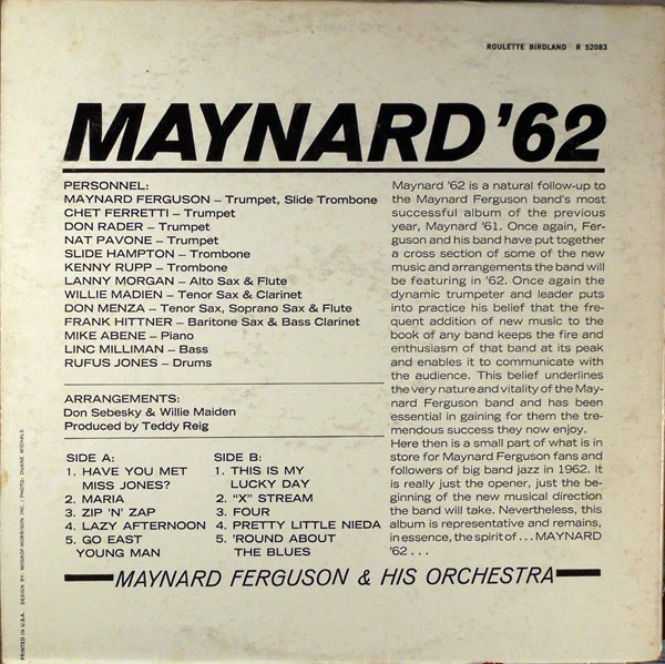 Maynard Ferguson & His Orchestra - Maynard '62 (LP, Album, Mono) (Very Good Plus (VG+)) - Image 2