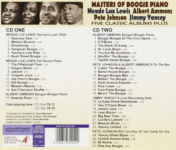 Meade Lux Lewis*, Albert Ammons, Pete Johnson, Jimmy Yancey - Masters Of Boogie Piano: Five Classic Albums Plus (2xCD, Comp, RM) (Near Mint (NM or M-)) - Image 2