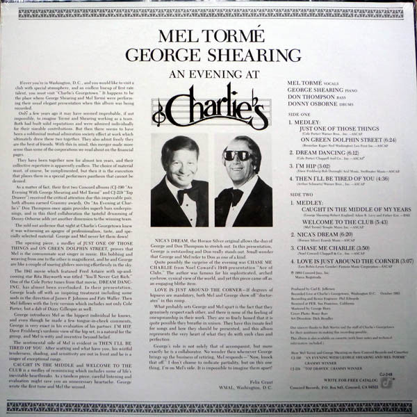 Mel Tormé • George Shearing - An Evening At Charlie's (LP, Album) (Near Mint (NM or M-)) - Image 2