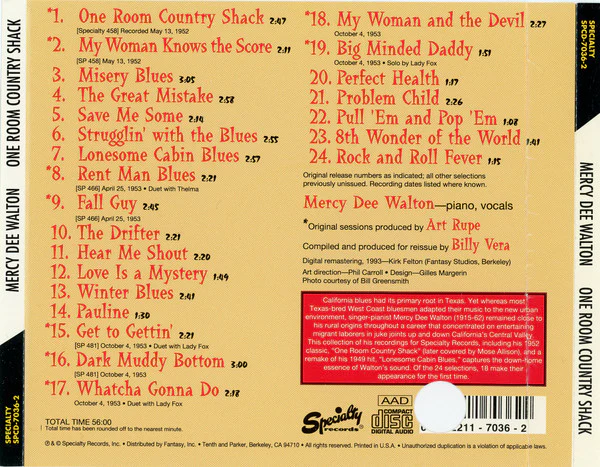 Mercy Dee Walton - One Room Country Shack (CD, Comp, Promo, RM) (Very Good Plus (VG+)) - Image 2