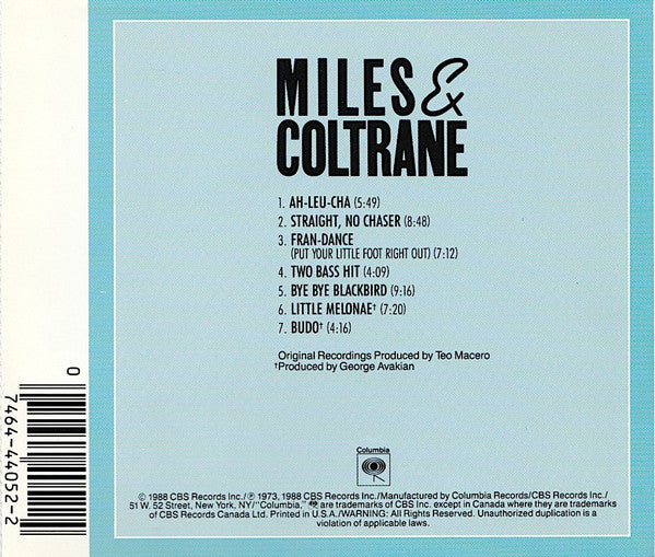 Miles Davis And John Coltrane - Miles & Coltrane (CD, Comp, RE, RM, RP, DAD) (Near Mint (NM or M-)) - Image 2