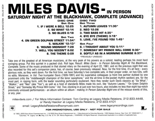 Miles Davis - In Person, Saturday Night At The Blackhawk, San Francisco, Complete (Volume II) (2xCD, Advance, Album, Promo, RM) (Near Mint (NM or M-)) - Image 2