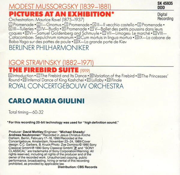 Modest Mussorgsky, Berliner Philharmoniker, Igor Stravinsky - Concertgebouworkest Conducted By Carlo Maria Giulini - Pictures At An Exhibition / The Firebird (CD, Album) (Very Good Plus (VG+)) - Image 5