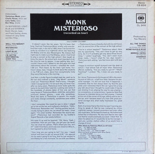 Thelonious Monk - Misterioso (Recorded On Tour) (LP, Album) (Very Good Plus (VG+)) - Image 2