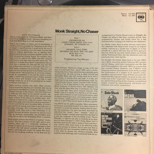Thelonious Monk - Straight, No Chaser (LP, Album, Pit) (Near Mint (NM or M-)) - Image 2