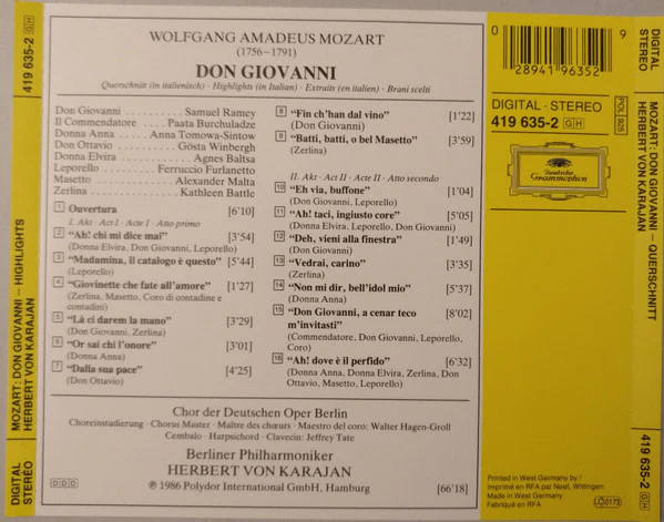 Mozart* : Berliner Philharmoniker, Herbert Von Karajan - Don Giovanni (Querschnitt • Highlights • Extraits • Brani Scelti) (CD) (Near Mint (NM or M-)) - Image 2