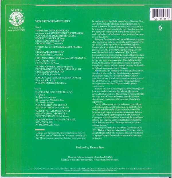Wolfgang Amadeus Mozart - Mozart's Greatest Hits (LP, Comp) (Near Mint (NM or M-)) - Image 2