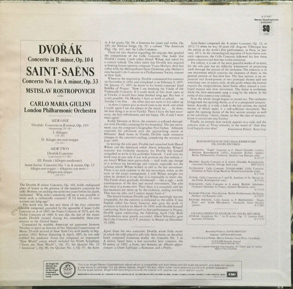 Mstislav Rostropovich, Carlo Maria Giulini, AntonÃn Dvořák, Camille Saint-Saëns, London Philharmonic Orchestra - Cello Concerto / Cello Concerto No.1 (LP, Album, Quad) (Very Good Plus (VG+)) - Image 2