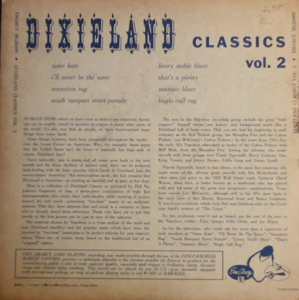 Napoleon's Emperors - Dixieland Classics Vol. 2 (10", Album, RE) (Very Good Plus (VG+)) - Image 2