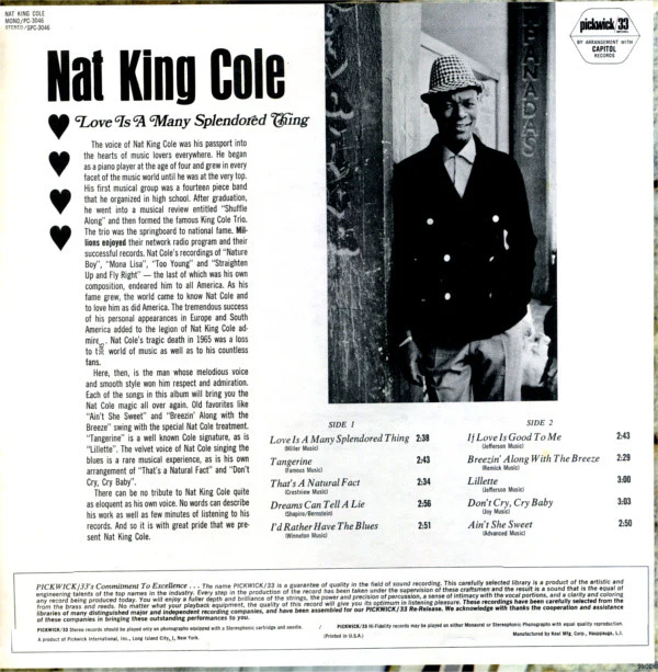 Nat King Cole - Love Is A Many Splendored Thing (LP, Comp) (Very Good (VG)) - Image 2