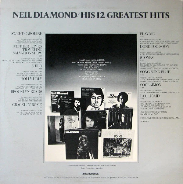Neil Diamond - His 12 Greatest Hits (LP, Comp, Glo) (Good Plus (G+)) - Image 2