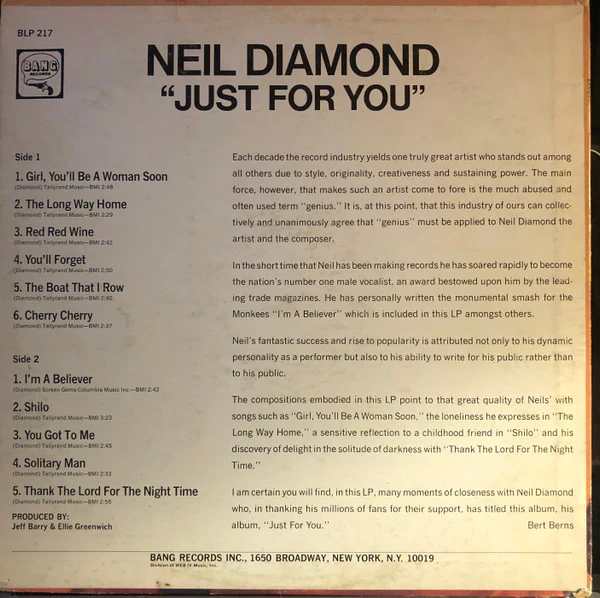 Neil Diamond - Just For You (LP, Album) (Very Good Plus (VG+)) - Image 2