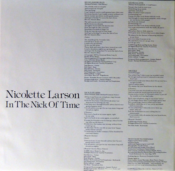 Nicolette Larson - In The Nick Of Time (LP, Album, Mon) (Very Good Plus (VG+)) - Image 5