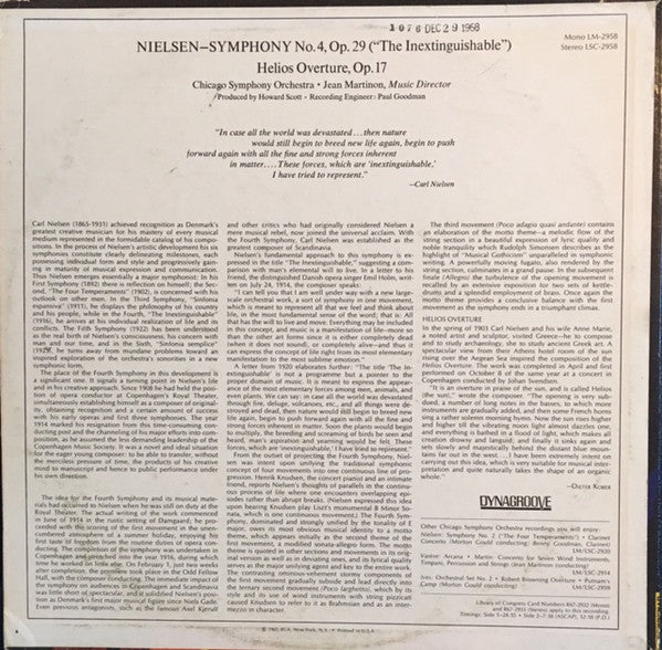Carl Nielsen / Chicago Symphony Orchestra, Jean Martinon - Symphony No. 4 "The Inextinguishable" - Helios Overture (LP, Album, 3rd) (Very Good Plus (VG+)) - Image 2