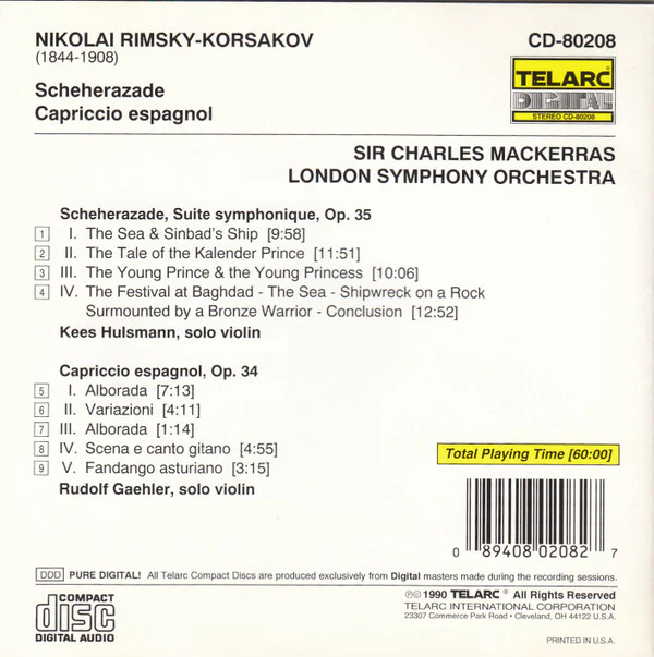 Nikolai Rimsky-Korsakov • Sir Charles Mackerras, London Symphony Orchestra - Rimksy-Korsakov: Scheherazade, Capriccio Espagnol (CD, Album) (Very Good Plus (VG+)) - Image 4