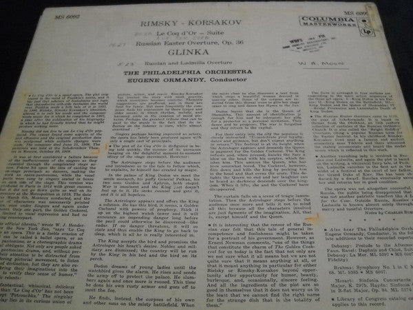Nikolai Rimsky-Korsakov, The Philadelphia Orchestra, Eugene Ormandy - Le Coq d' Or: Russian Easter Overture / Russlan And Ludmilla Overture (LP, Album) (Very Good Plus (VG+)) - Image 3