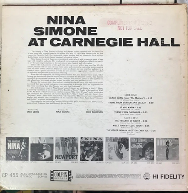 Nina Simone - At Carnegie Hall (LP, Album, Mono, Promo) (Mint (M)) - Image 2