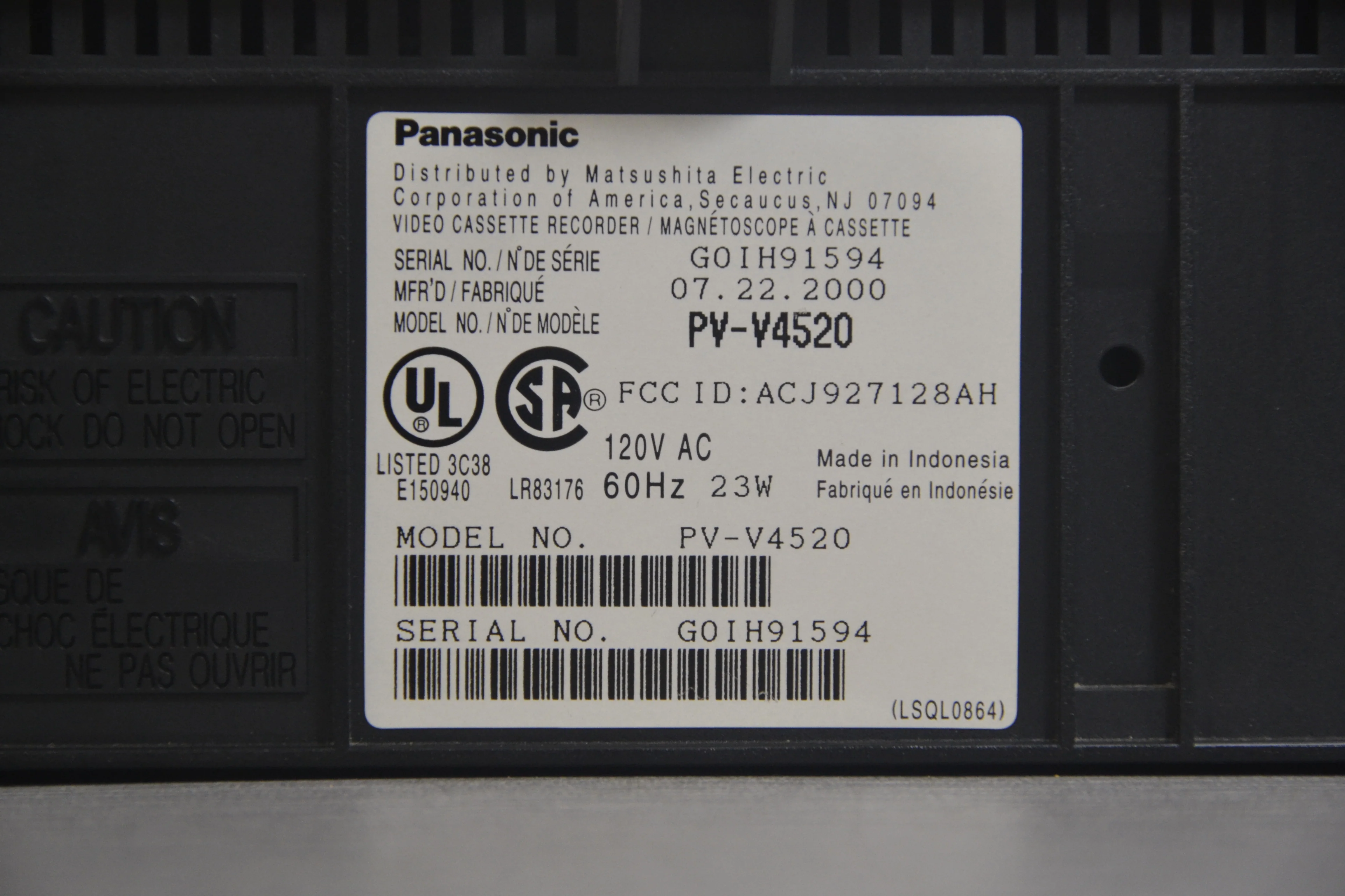 Panasonic PV-V4520 Video Cassette Recorder * Remote - Image 13