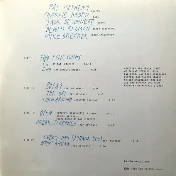 Pat Metheny, Charlie Haden, Jack DeJohnette, Dewey Redman, Michael Brecker - 80/81 (2xLP, Album, Gat) (Near Mint (NM or M-)) - Image 3