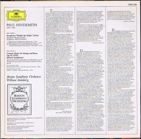 Paul Hindemith, Boston Symphony Orchestra • William Steinberg - Symphonie "Mathis Der Maler" / Konzertmusik Für Streichorchester Und Blechbläser, Op. 50 = Concert Music For Strings And Brass, Op. 50 (LP) (Near Mint (NM or M-)) - Image 2