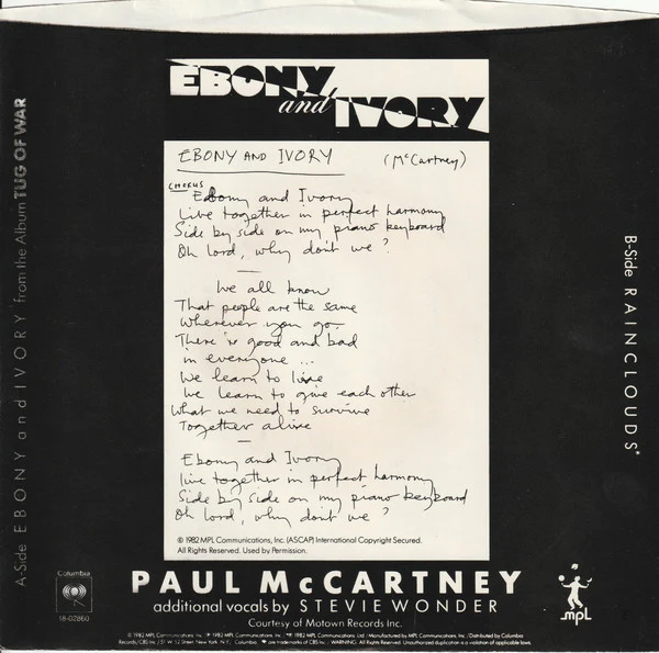Paul McCartney - Ebony And Ivory (7", Single, Styrene, Pit) (Very Good Plus (VG+)) - Image 2