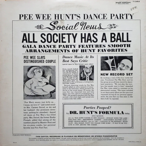 Pee Wee Hunt - Pee Wee Hunt's Dance Party (LP, Album, Mono) (Very Good (VG)) - Image 2