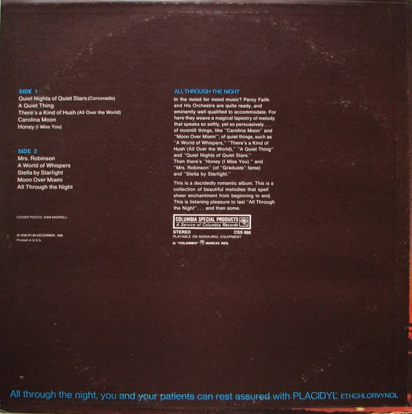 Percy Faith & His Orchestra - All Through The Night (LP, Comp, Ltd, Promo) (Near Mint (NM or M-)) - Image 2