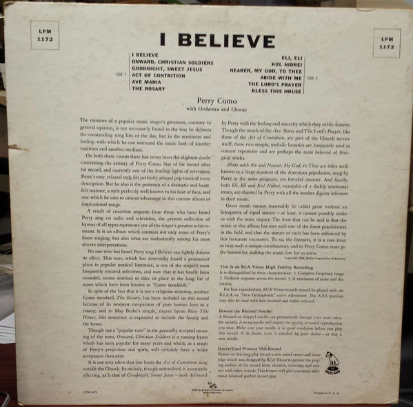 Perry Como - I Believe (LP, Album, Roc) (Very Good Plus (VG+)) - Image 2