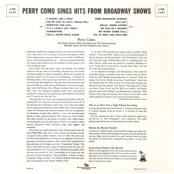Perry Como - Perry Como Sings Hits From Broadway Shows (LP, Album) (Very Good (VG)) - Image 2